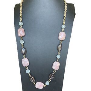 Talbots Faceted Rose Quartz Station Set Long Length Necklace Brushed Gold Tone